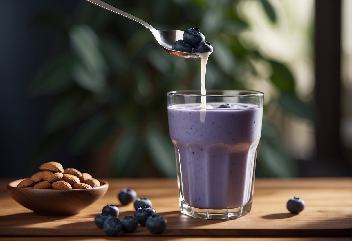 A glass filled with blueberries and almond milk being stirred with a spoon