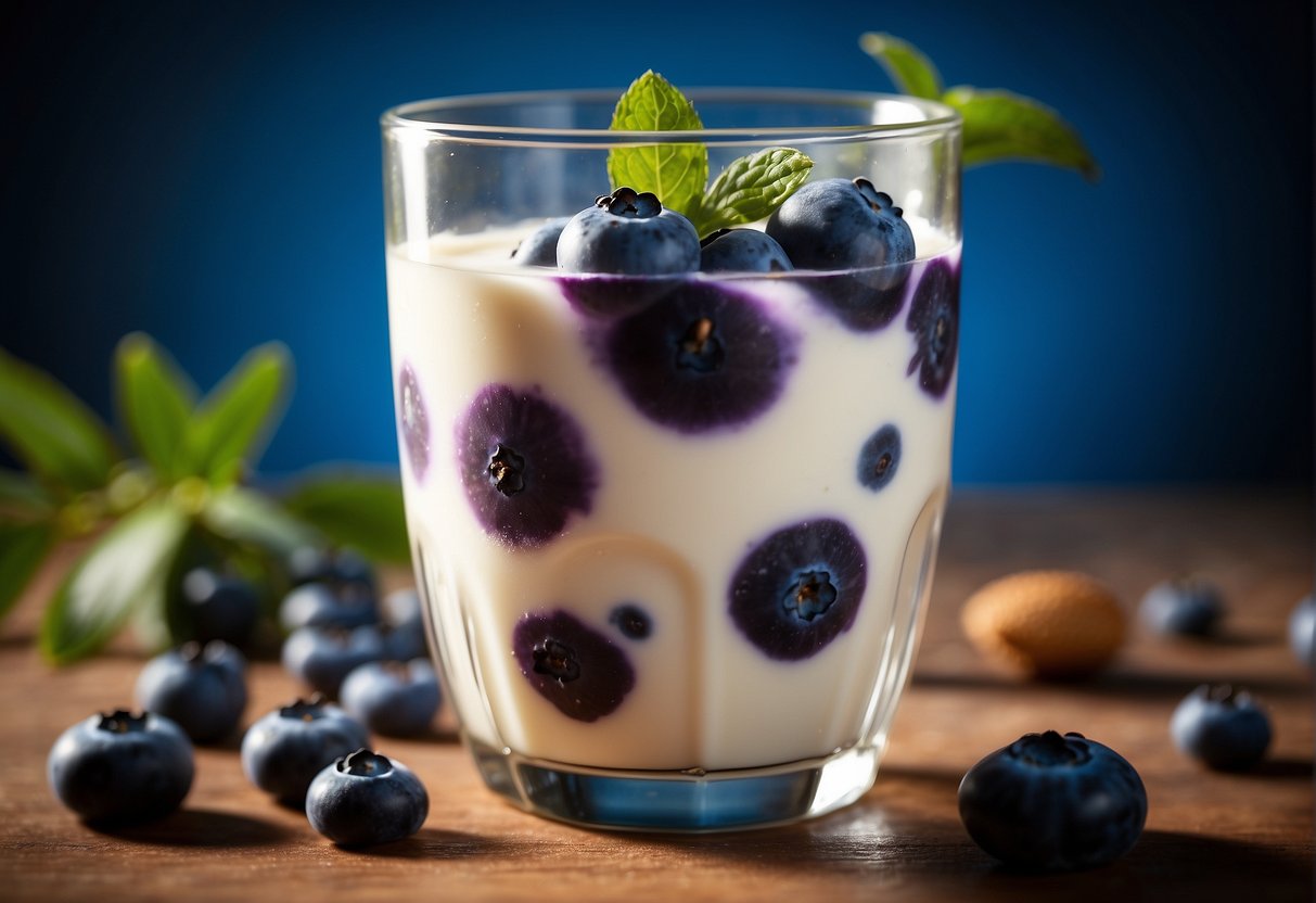 Blueberries and almond milk blend in a glass