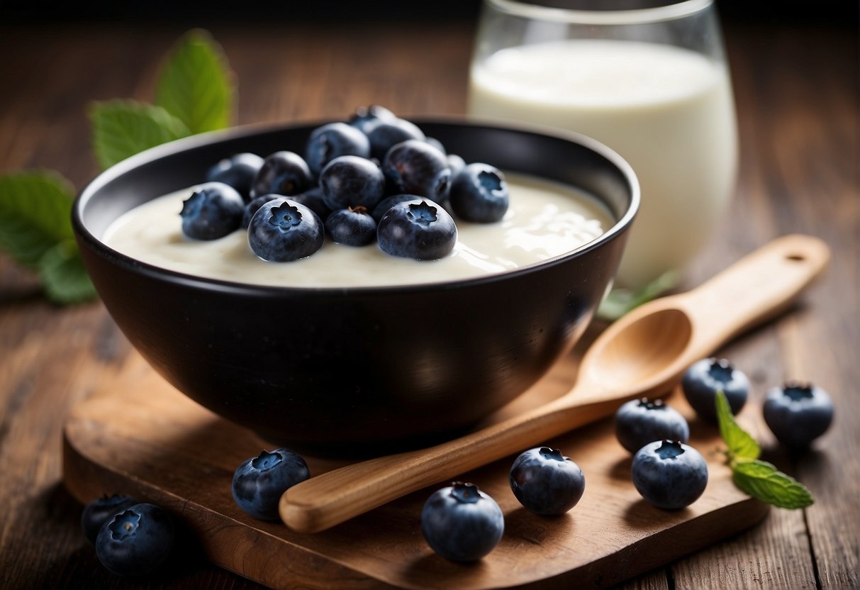 Blueberries and almond milk in a mixing bowl, with a spoon blending them together