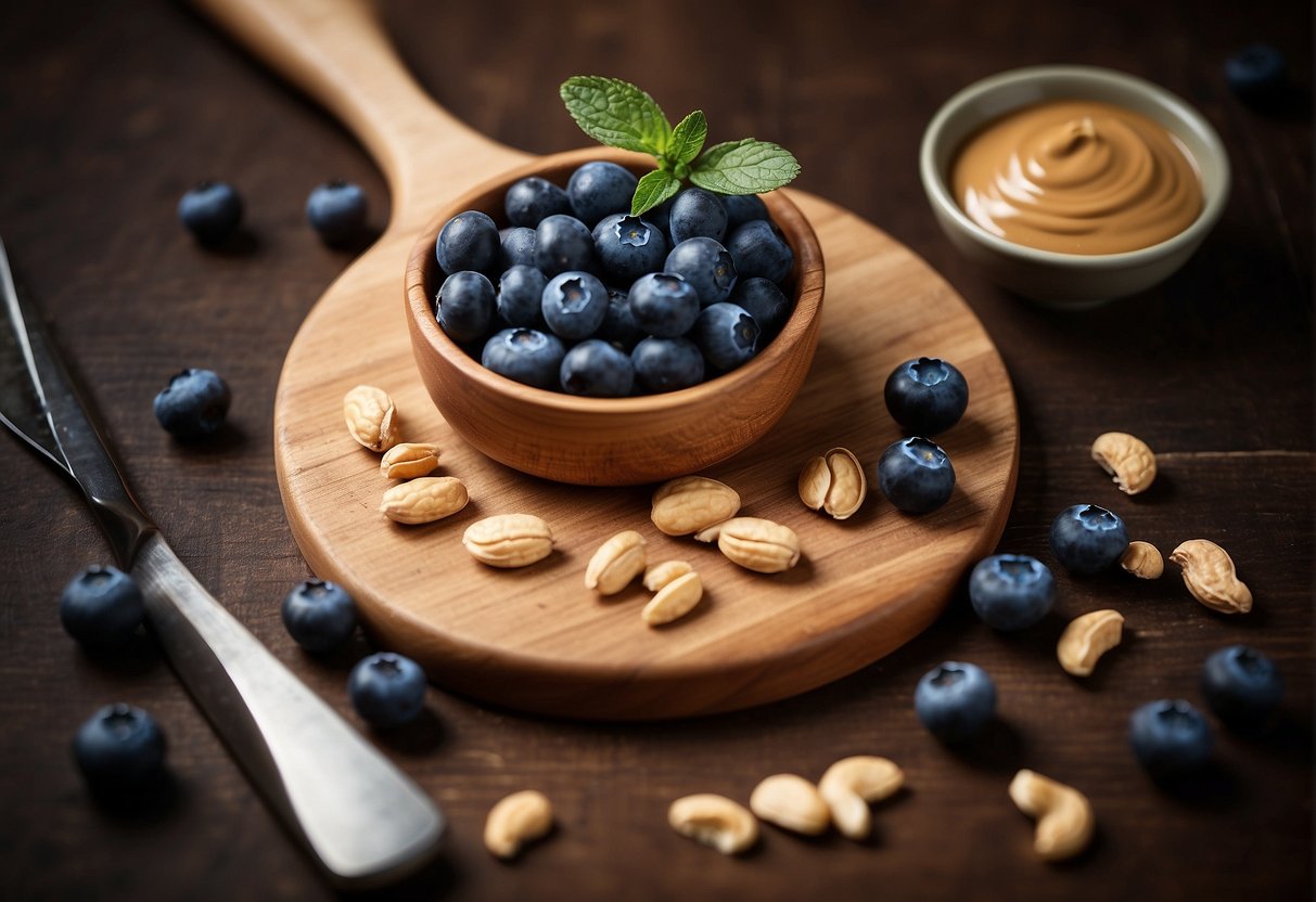 Blueberries and peanut butter sit on a wooden cutting board, ready to be mixed together