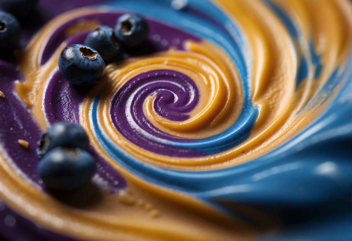 Blueberries and peanut butter blend together in a colorful swirl