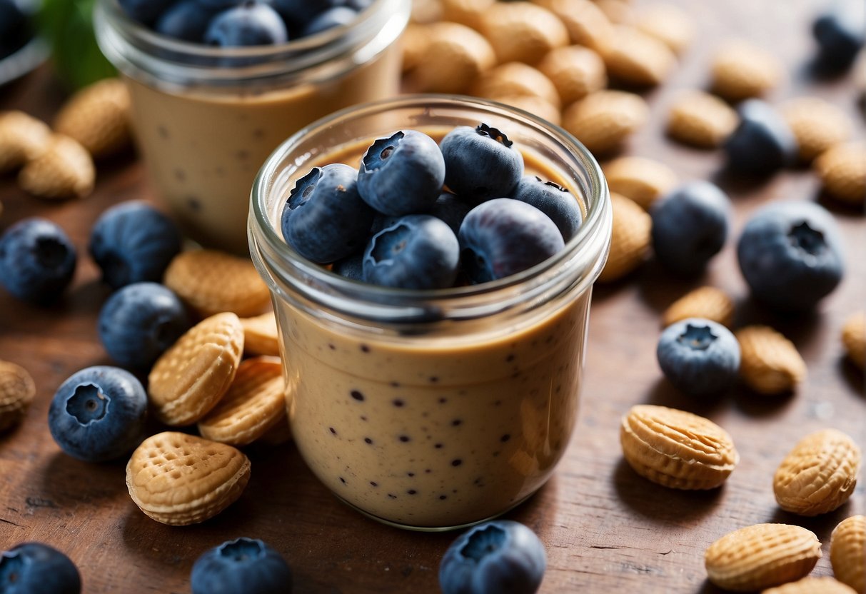 Blueberries and peanut butter blend in a blender