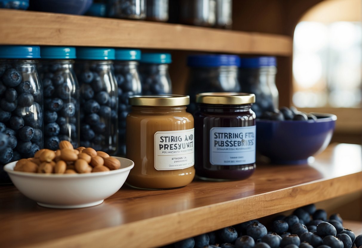 Blueberries and peanut butter sit side by side on a shelf, with a label reading "Storing and Preserving."