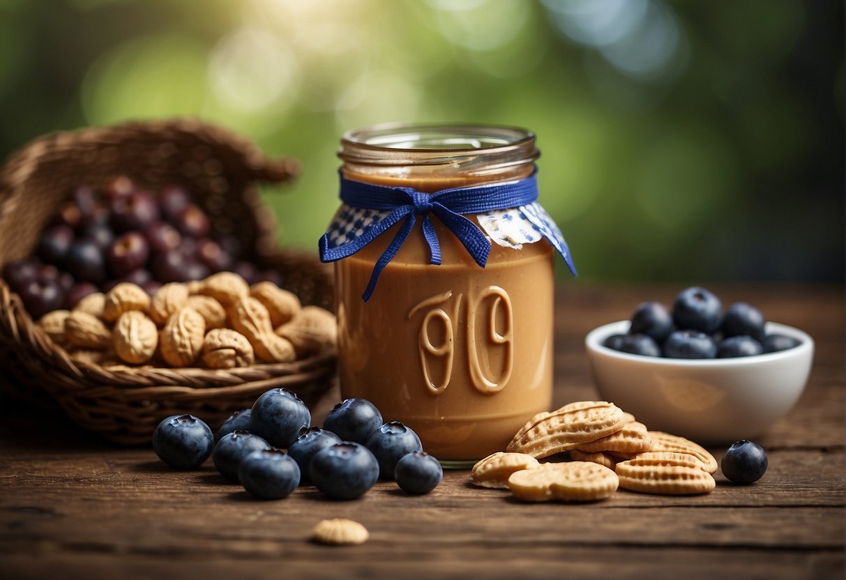 A jar of peanut butter surrounded by a pile of fresh blueberries, with a question mark hovering above them