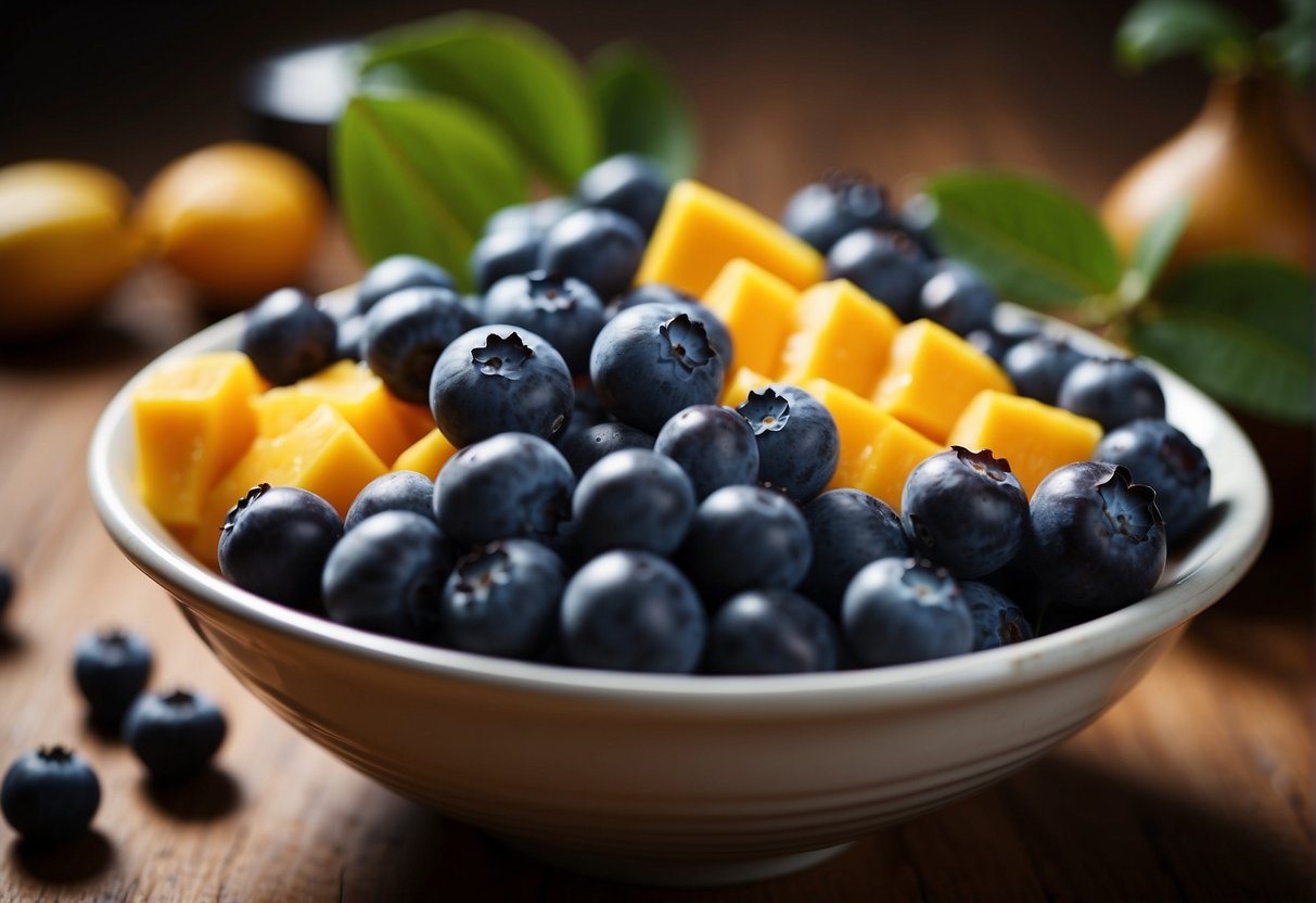 Blueberries and mango are being mixed together in a bowl
