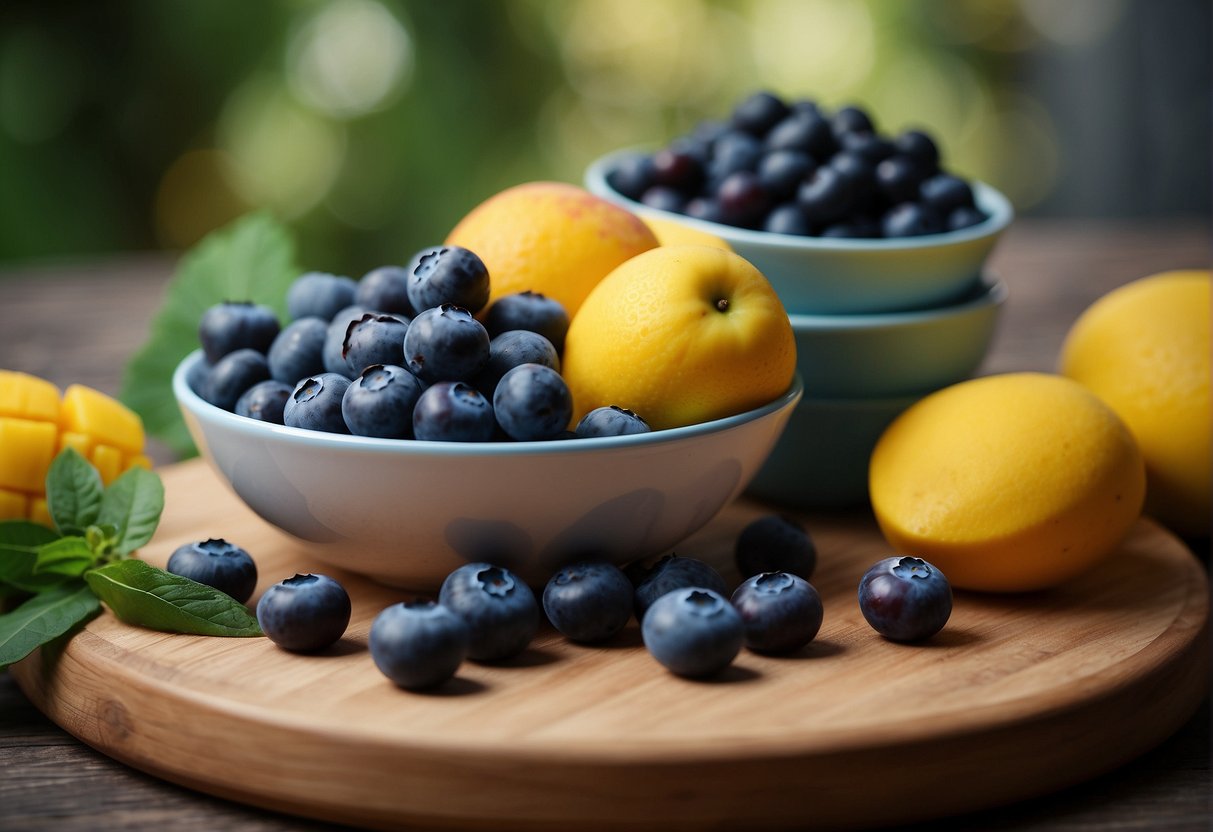 A bowl of fresh blueberries and mango slices sit on a wooden cutting board, ready to be mixed together for a delicious recipe