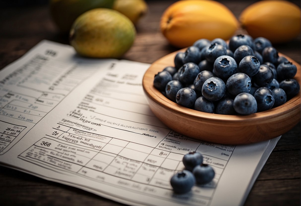 Blueberries and mangoes placed together with a nutritional chart in the background