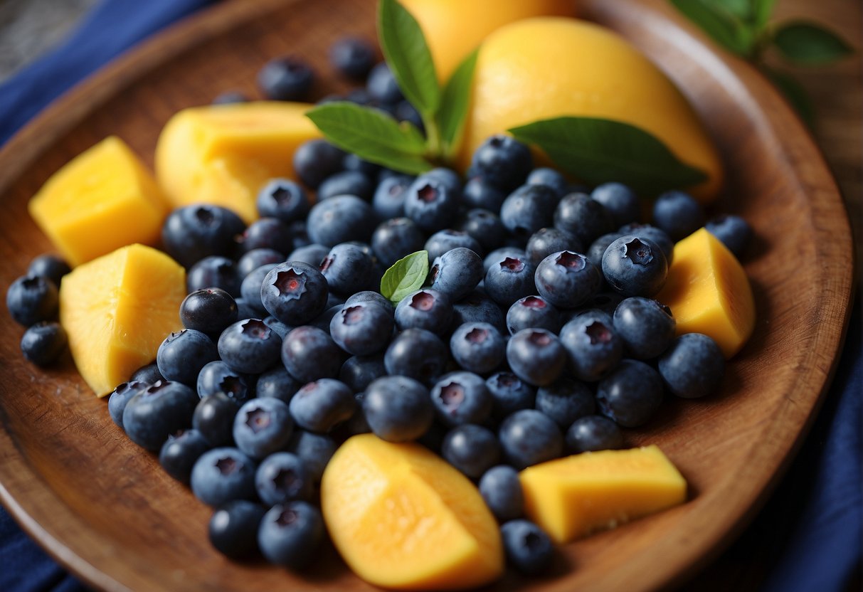Blueberries and mango arranged in a colorful, mixed pattern on a serving platter