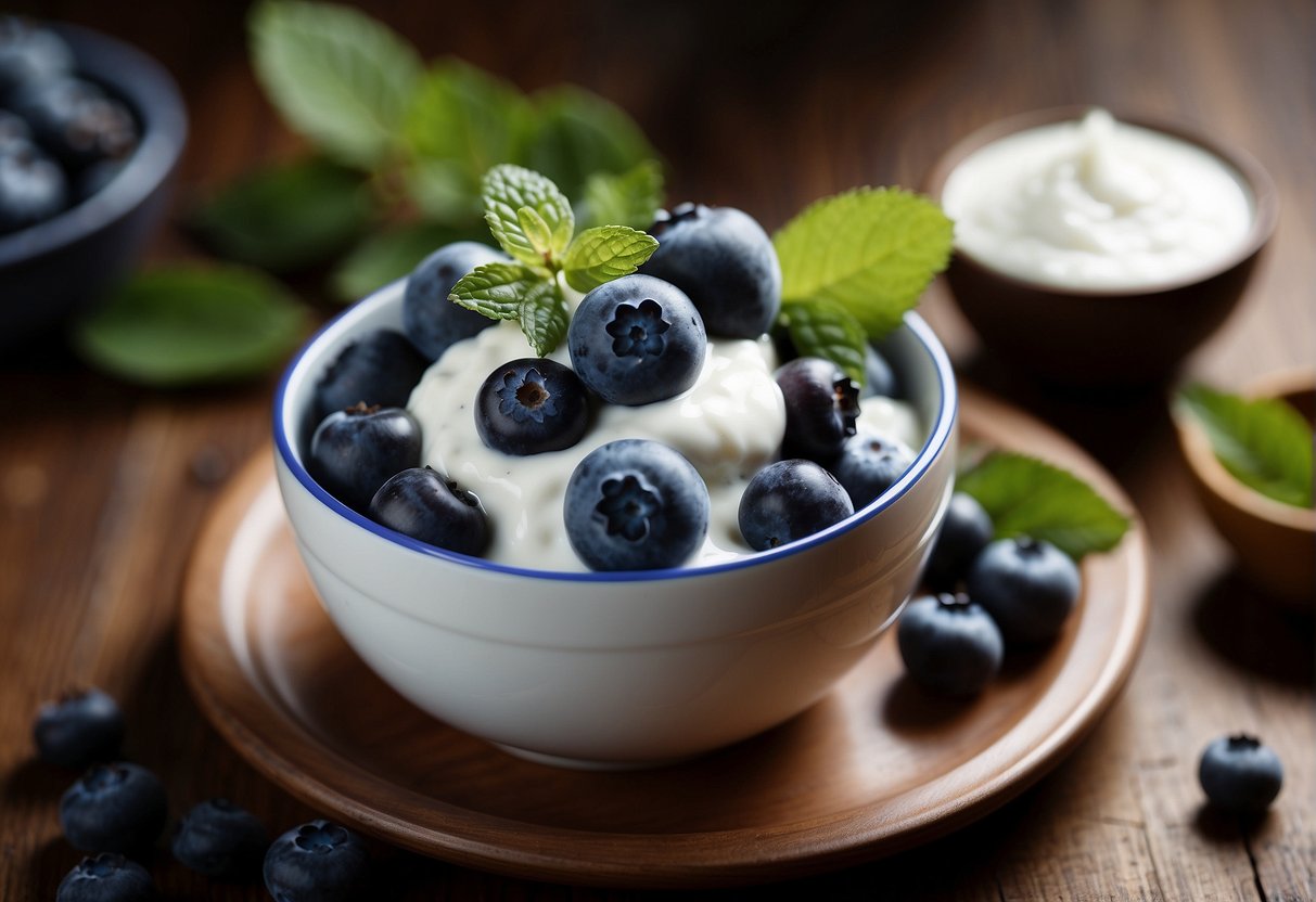 Blueberries and yogurt being mixed together in a bowl