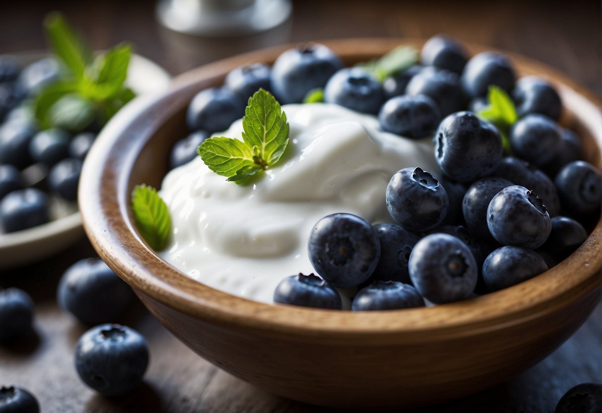 Blueberries and yogurt being mixed in a bowl