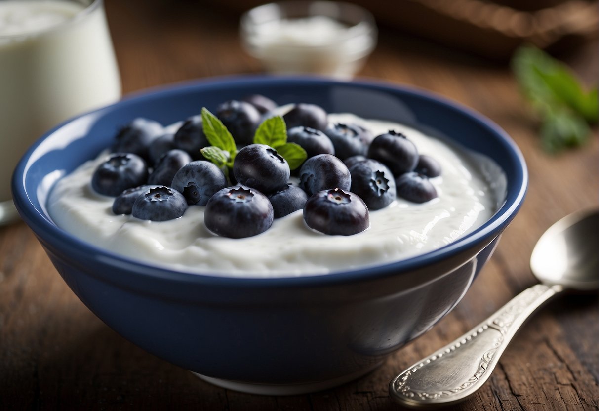 Blueberries and yogurt in a mixing bowl, with a spoon blending them together