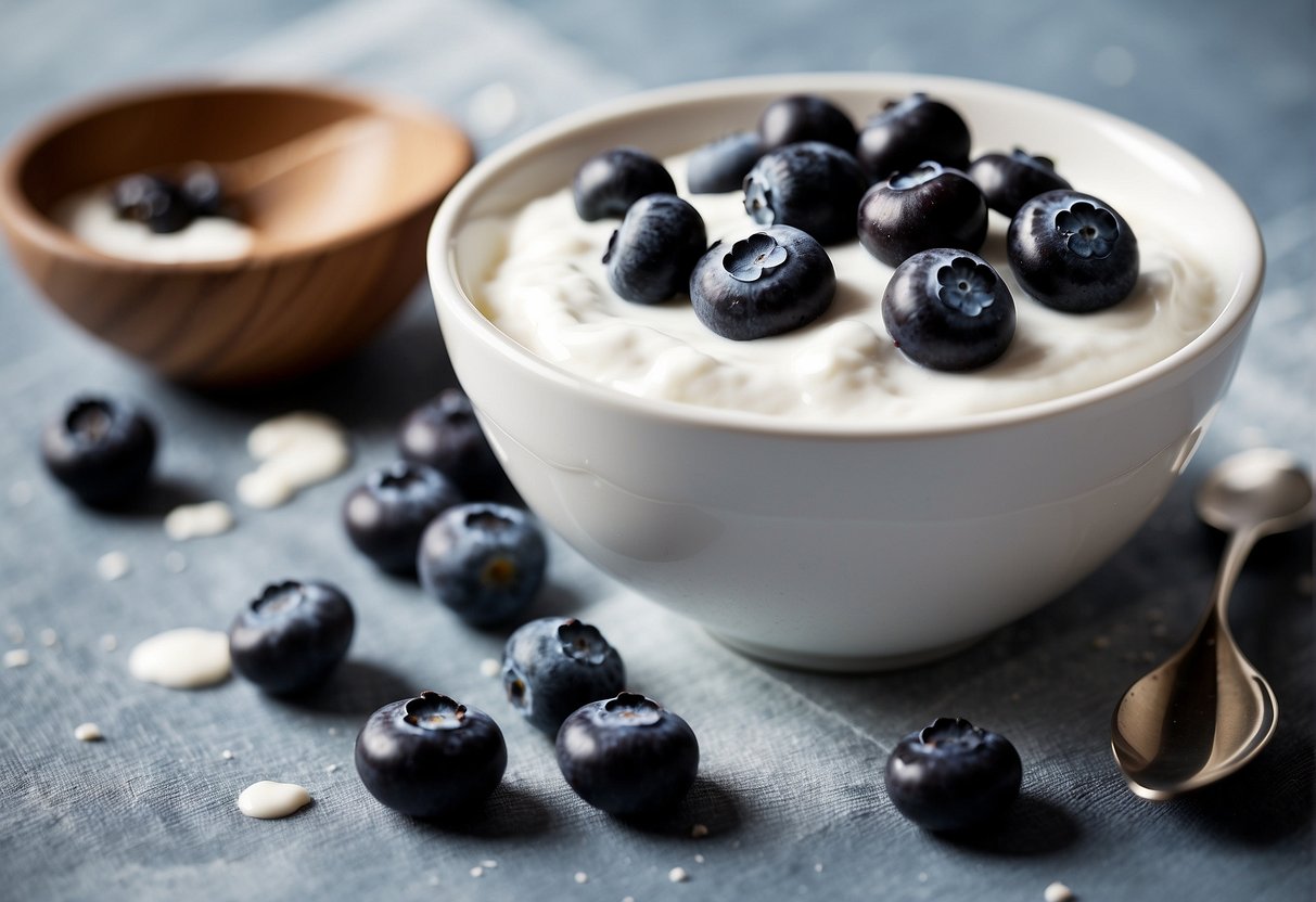 A bowl of yogurt with a spoonful of blueberries on top, surrounded by scattered blueberries and a container of yogurt