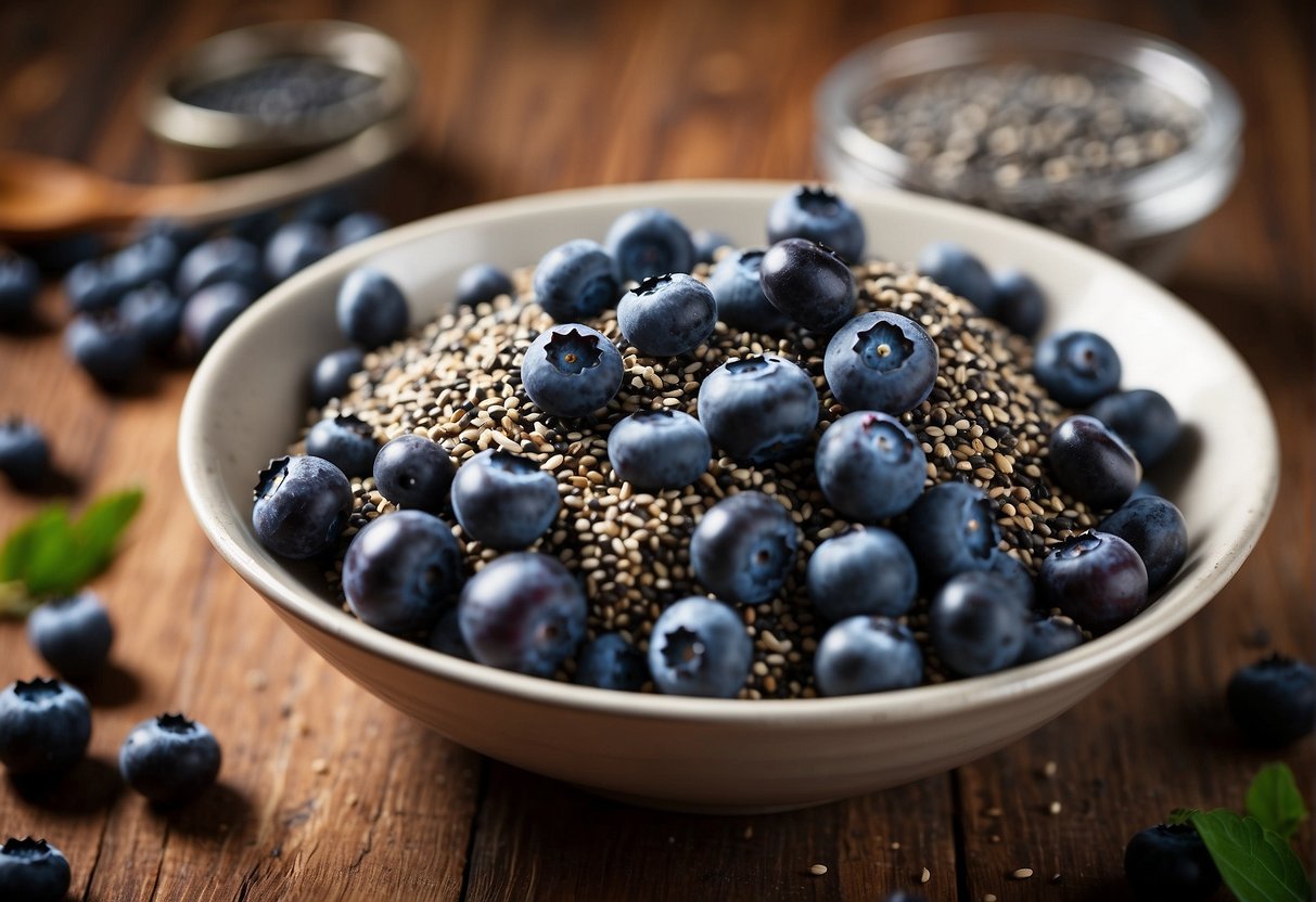 A bowl of mixed blueberries and chia seeds sits on a wooden table, with a spoon nearby. The vibrant colors and texture of the ingredients are visually appealing