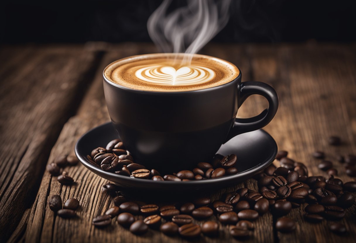 A steaming cup of arabica coffee sits on a rustic wooden table, emitting a rich aroma. The coffee is dark and slightly bitter, with a thin layer of foam on top