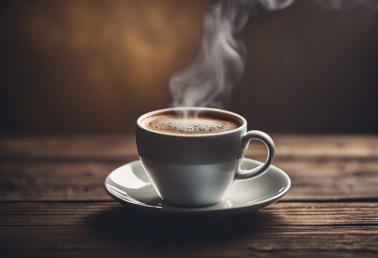 A steaming cup of arabica coffee sits on a rustic wooden table, emitting a rich aroma. The coffee is dark and full-bodied, with a hint of bitterness