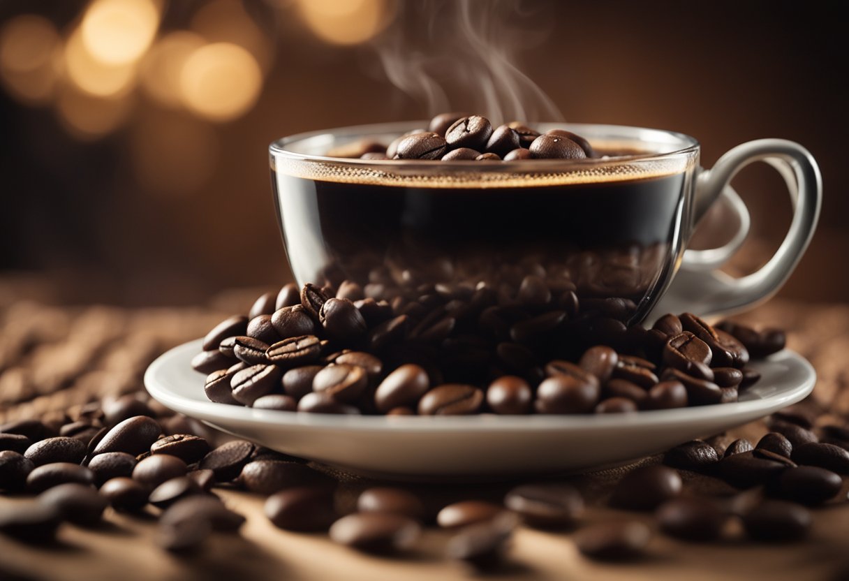 A steaming cup of Arabica and Robusta coffee beans side by side, with a bitter taste swirling above the Arabica cup