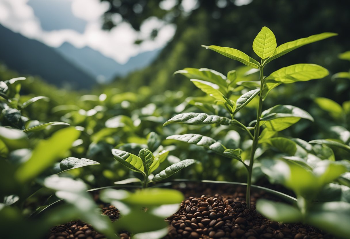 A coffee plant surrounded by varying factors: altitude, soil, and climate