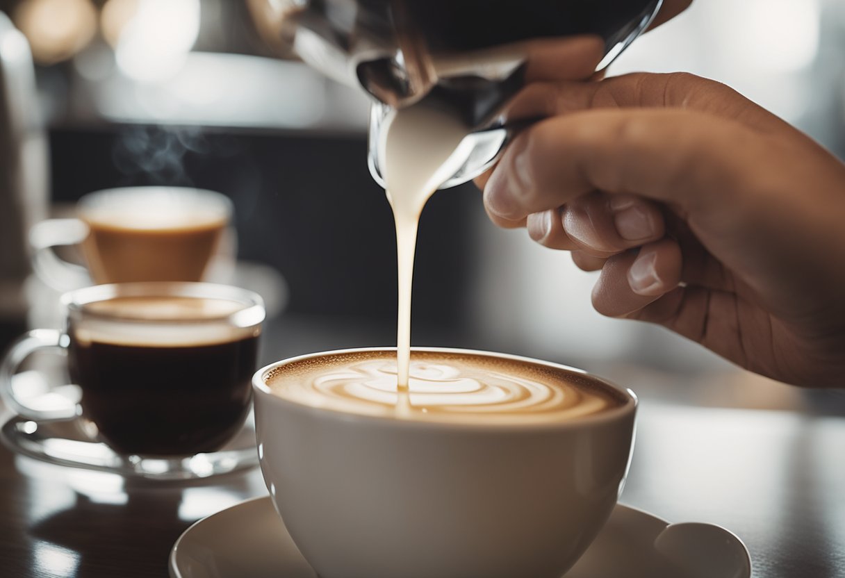 A hand pouring milk into a cup of coffee, with a spoon stirring it to reduce bitterness