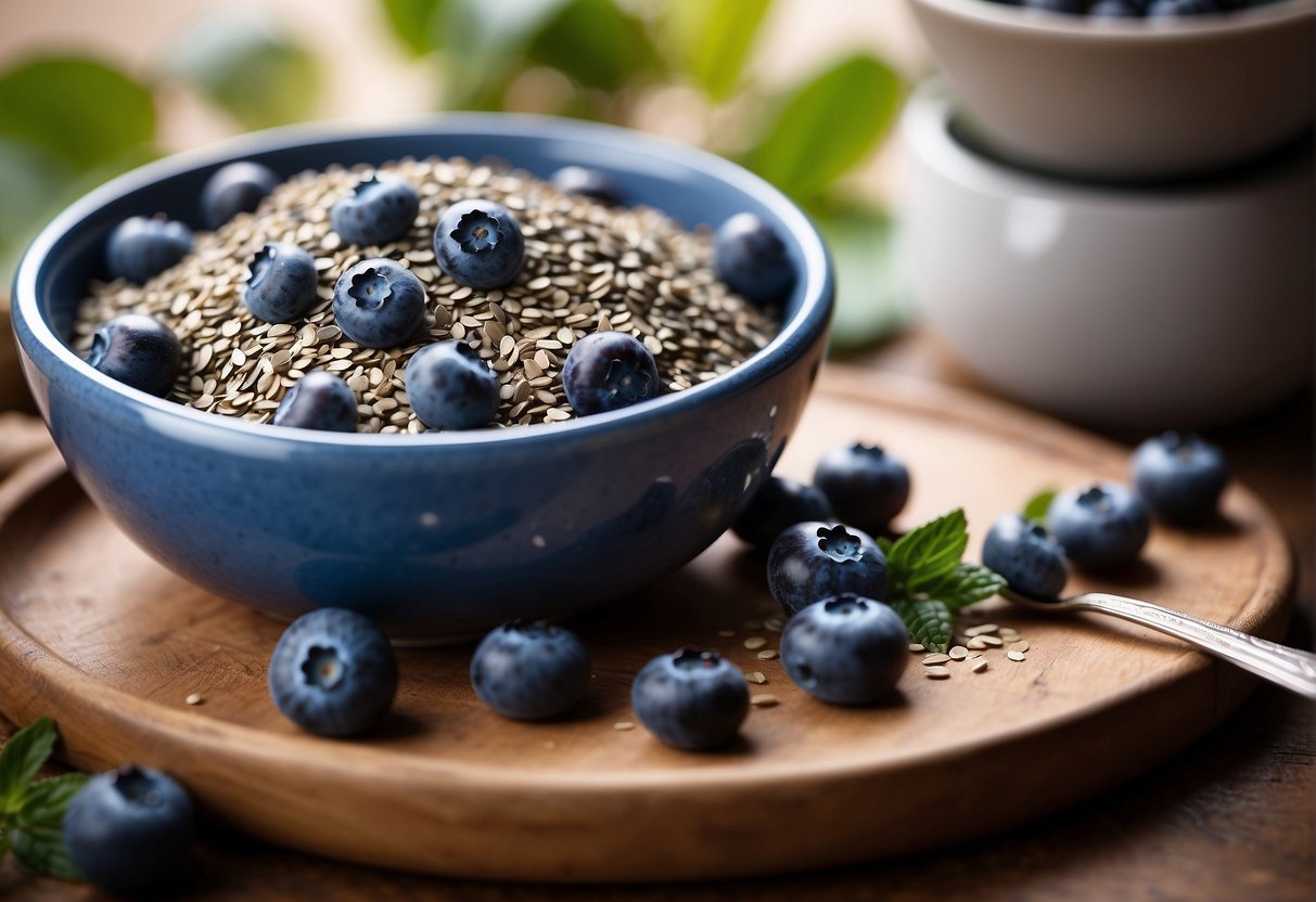 Blueberries and chia seeds in a mixing bowl, with a spoon nearby