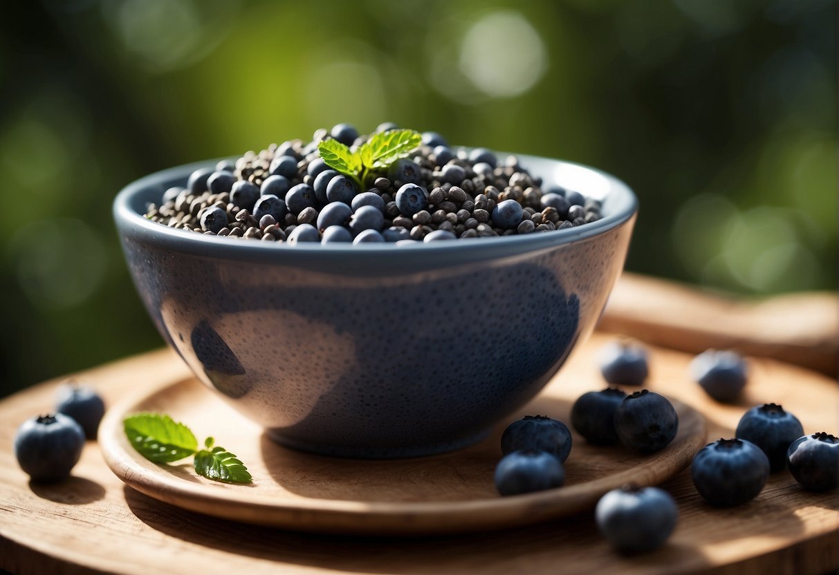 Blueberries and chia seeds are being mixed together in a bowl
