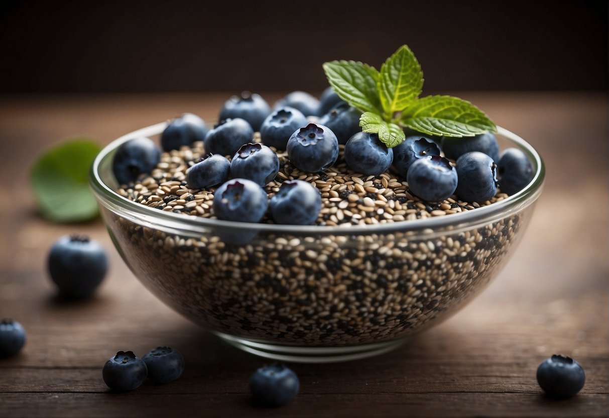 A bowl of blueberries and chia seeds mixed together, with a spoon nearby