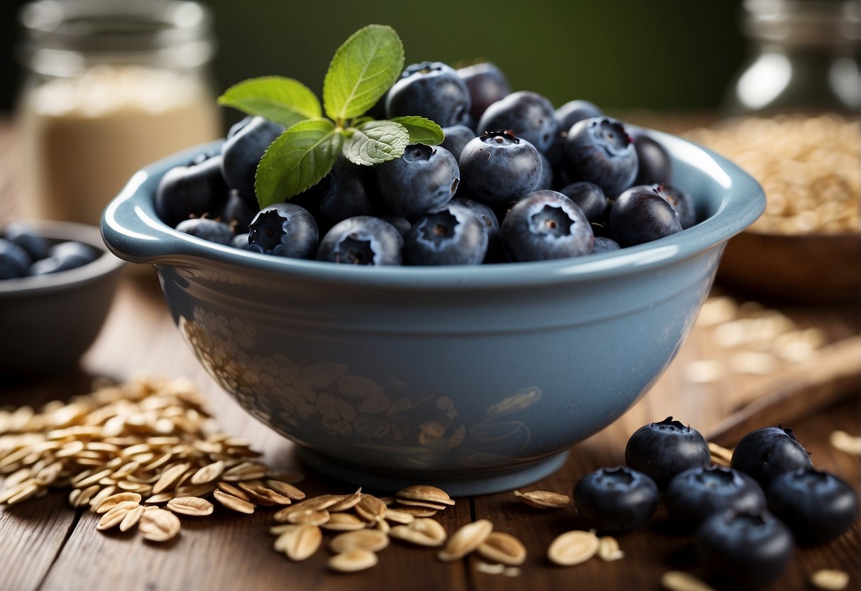 Blueberries and oats combined in a mixing bowl. Ingredients scattered around. Recipe variations listed on a nearby table