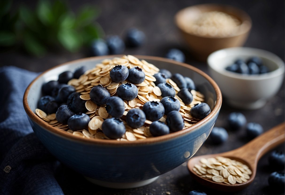 Blueberries and oats being mixed in a bowl
