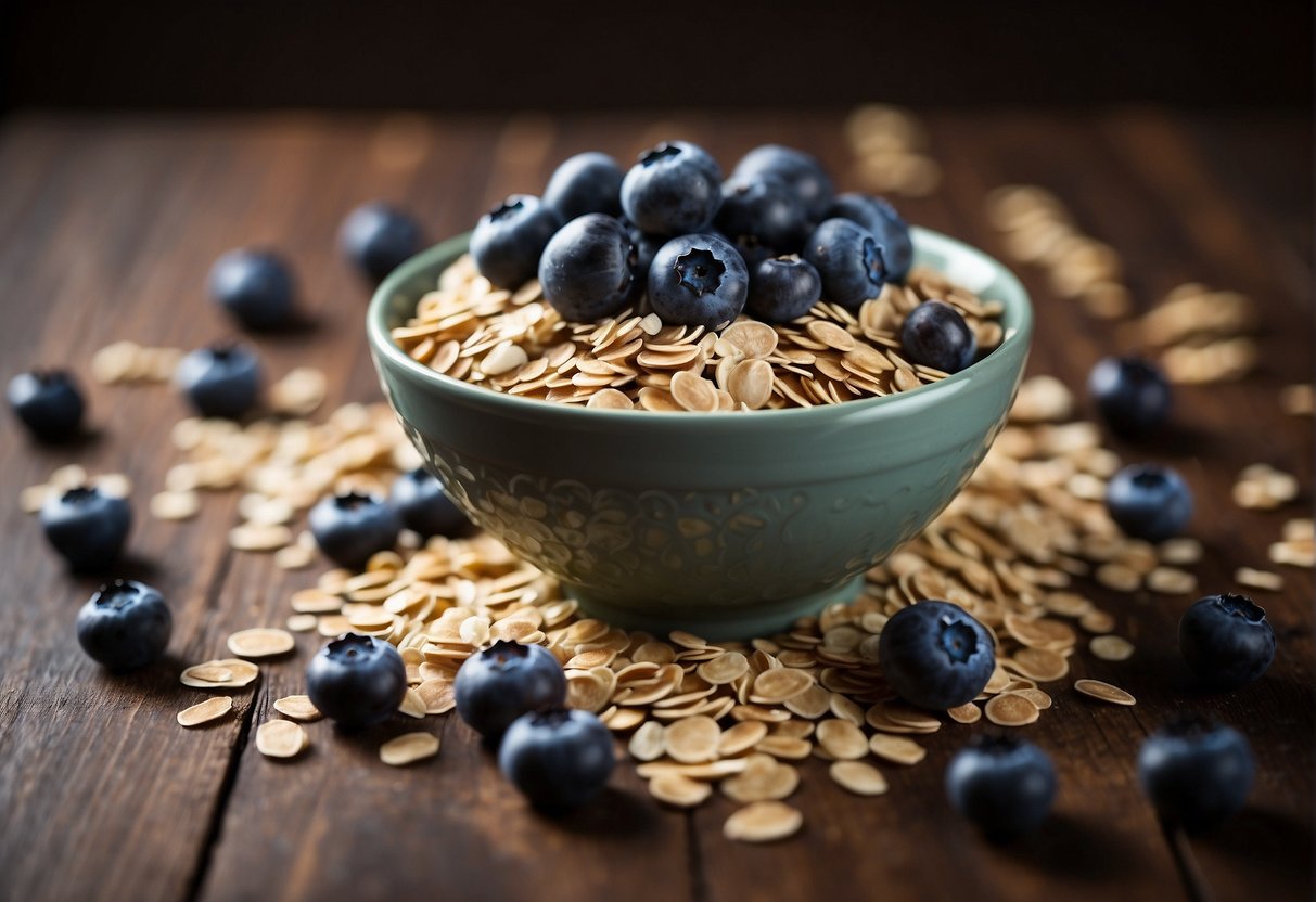 Blueberries and oats being mixed in a bowl