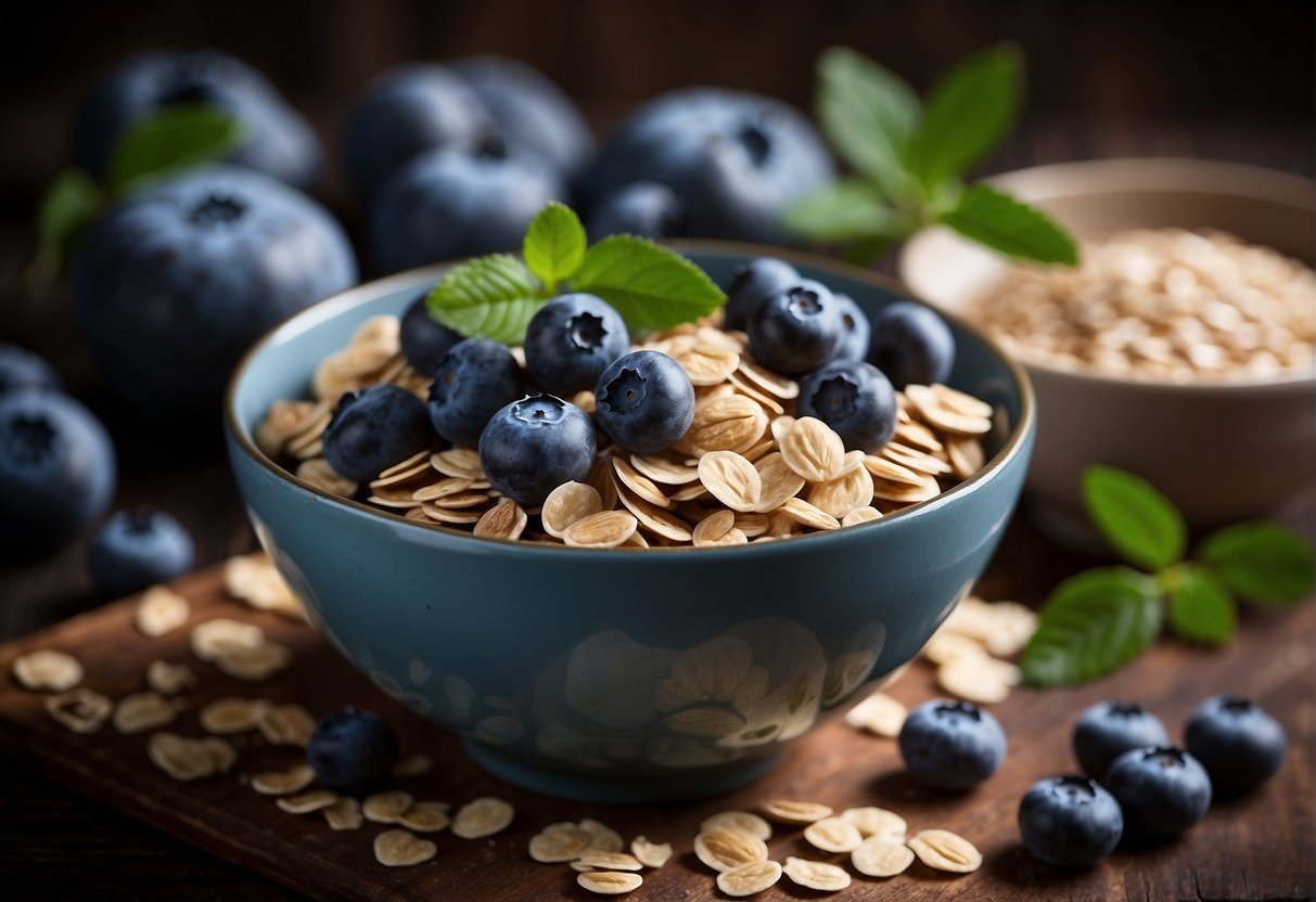 Blueberries and oats are mixed together in a bowl, with a label showing nutritional and storage information