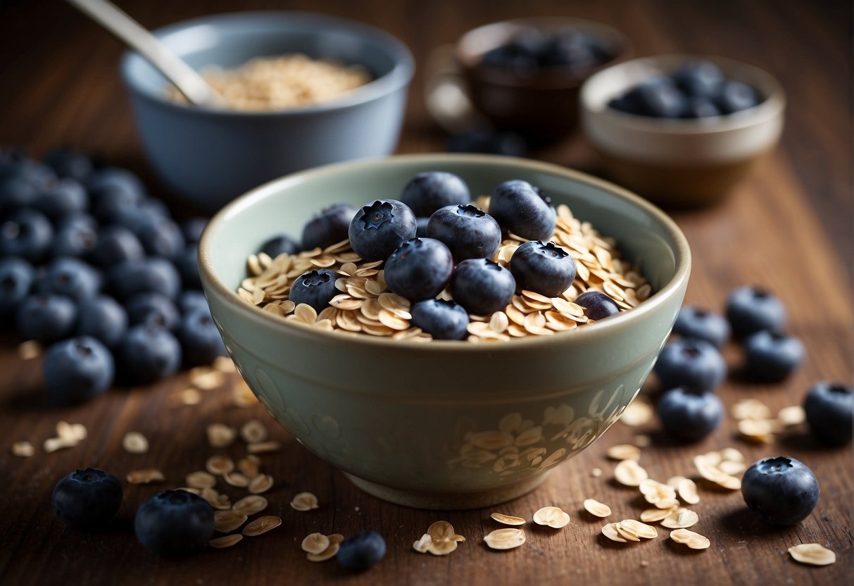 A bowl of blueberries and oats mixed together, with a spoon nearby