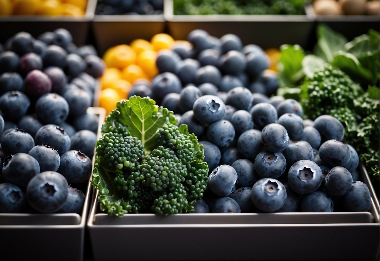 Blueberries and kale arranged in a colorful, appetizing display, with a focus on their nutritional benefits and potential health advantages