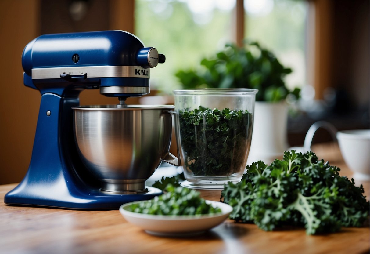 Blueberries and kale are being blended together in a mixer
