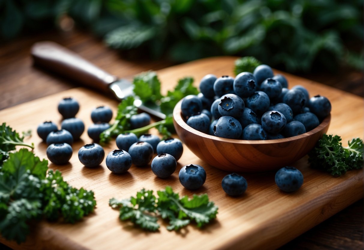A pile of fresh blueberries and kale leaves arranged on a wooden cutting board, with a knife nearby