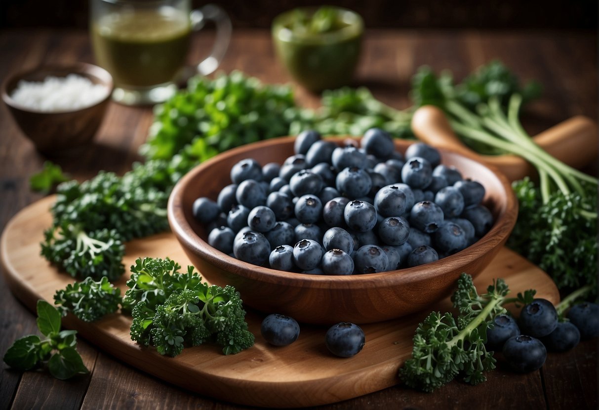 Blueberries and kale arranged on a cutting board, with a mixing bowl nearby