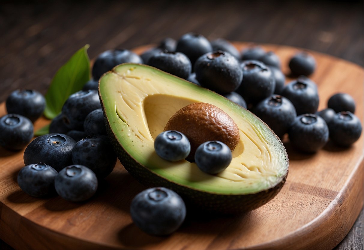 A ripe avocado and a handful of fresh blueberries sit on a wooden cutting board, ready to be mixed together