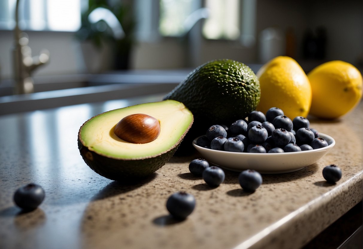 A ripe avocado and a handful of blueberries sit on a kitchen counter, ready to be blended into a smoothie