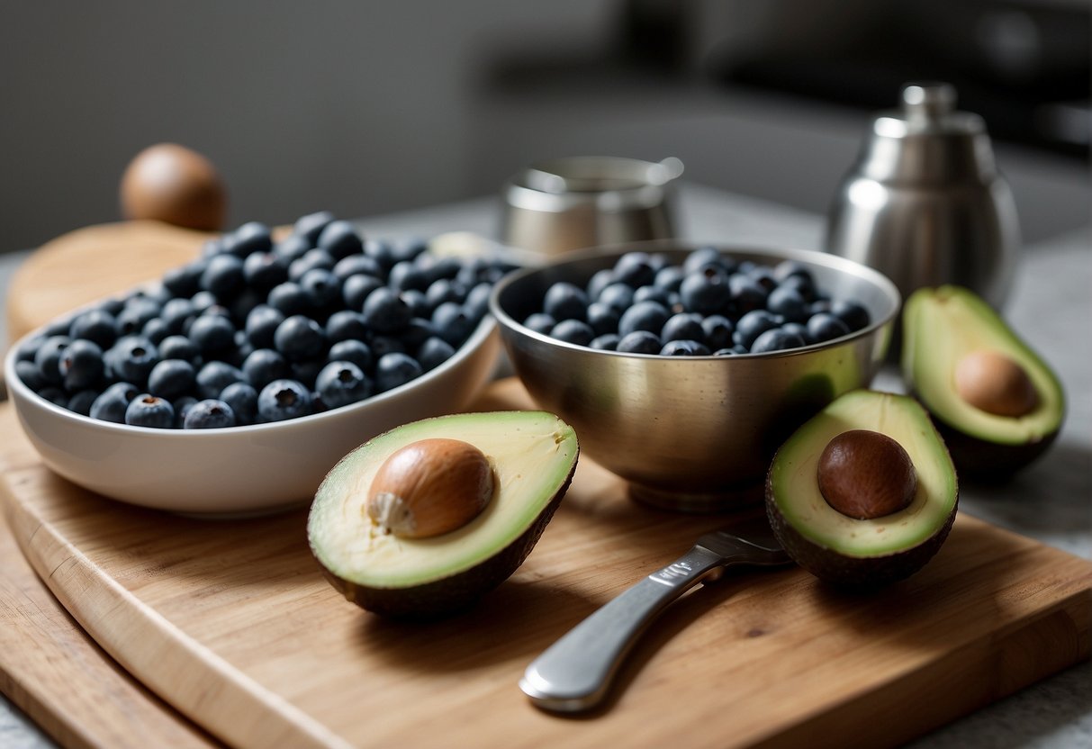 Blueberries and avocado on a cutting board, surrounded by a blender, measuring spoons, and a bowl