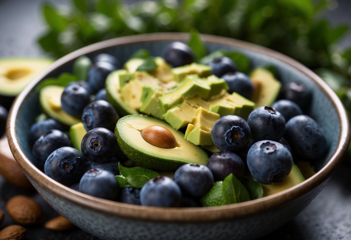 Blueberries and avocado are being mixed together in a bowl, ready for serving and presentation