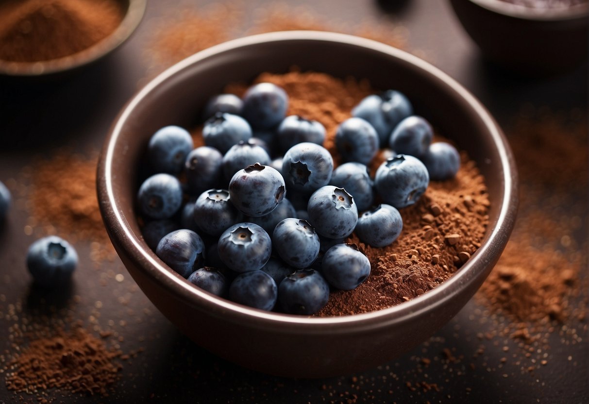 Blueberries and cocoa powder are being mixed together in a bowl