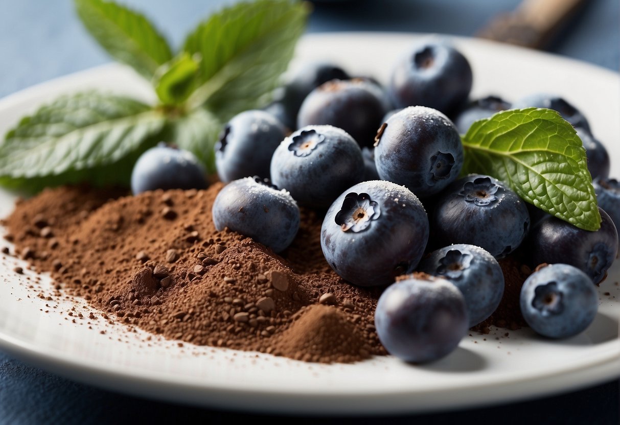 Blueberries and cocoa powder mix on a white plate, surrounded by fresh mint leaves and a sprinkle of powdered sugar