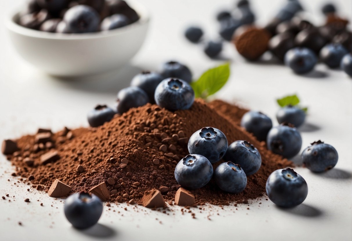 Blueberries and cocoa powder sit side by side on a clean white surface, with a question mark hovering above them