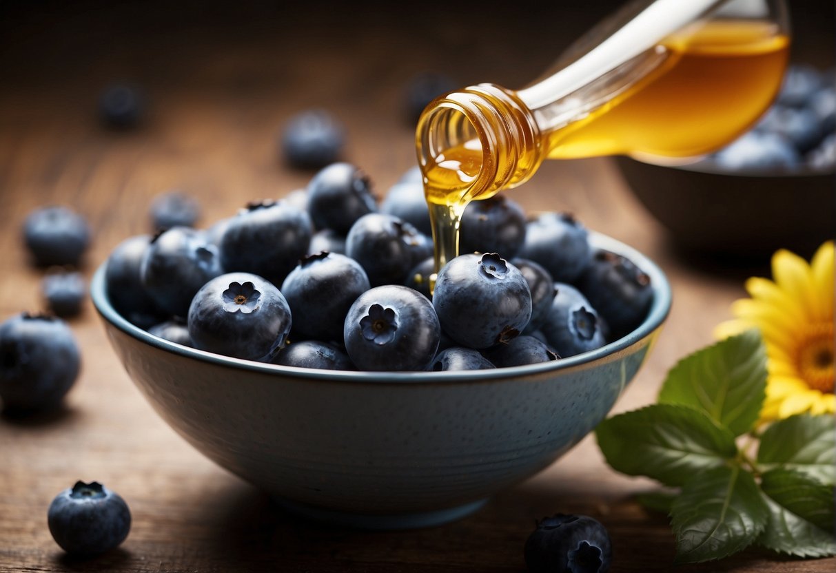 Blueberries and honey are being mixed together in a bowl