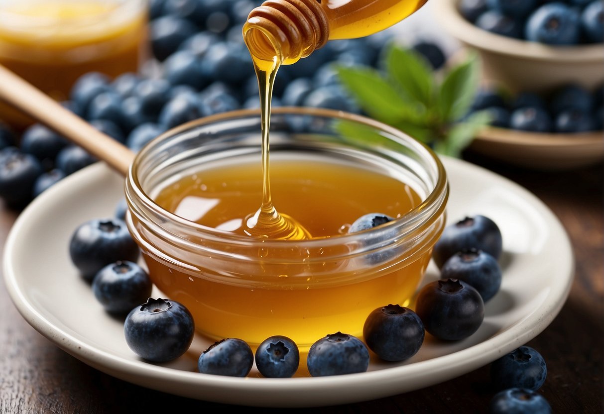 Blueberries and honey are being mixed together in a bowl