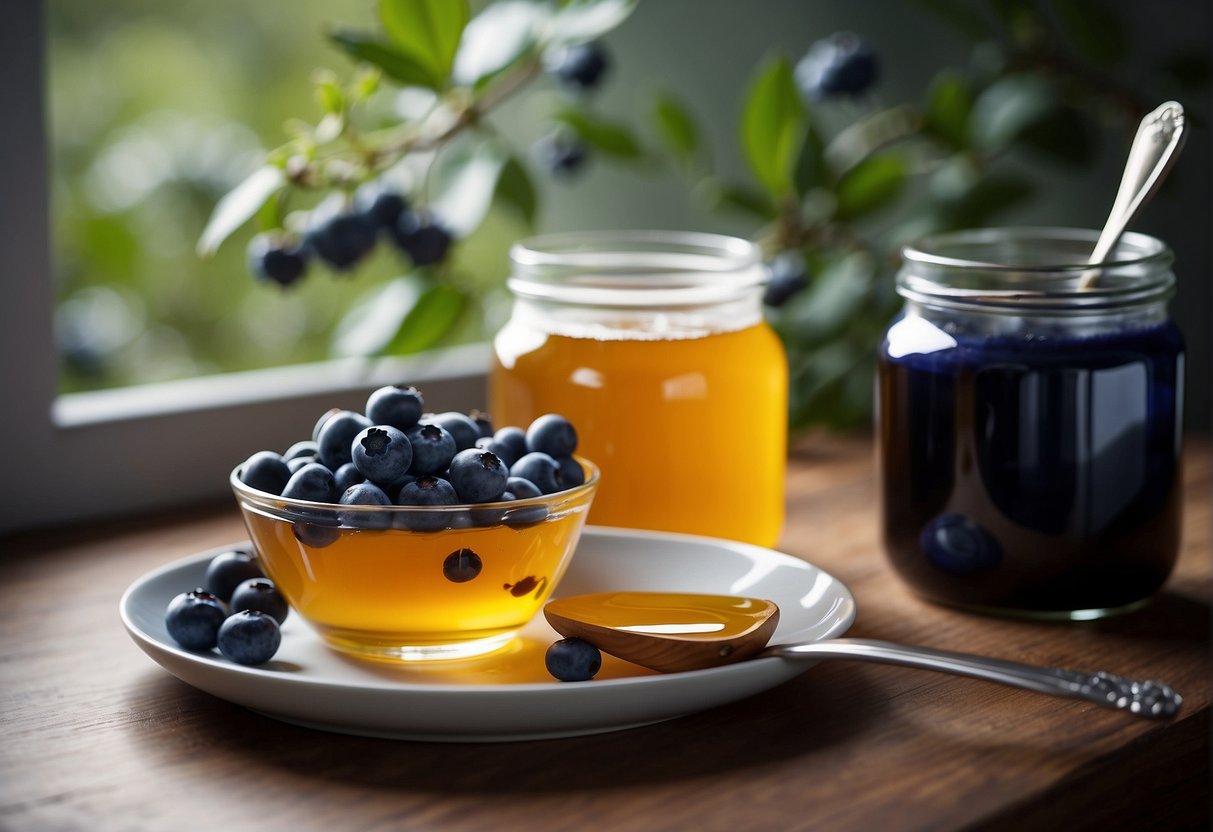 A bowl of fresh blueberries next to a jar of honey, with a spoon mixing the two together
