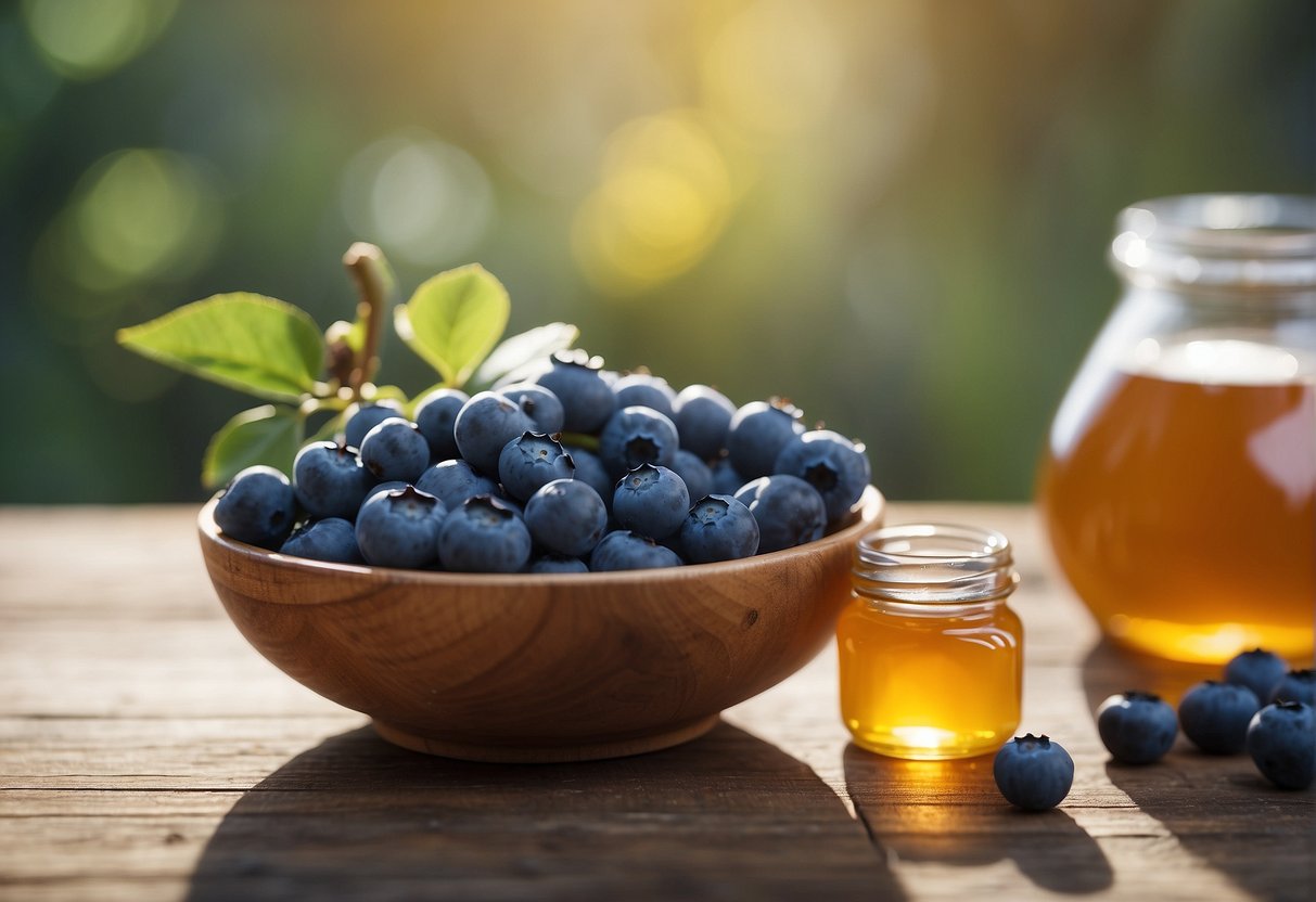 Blueberries and honey sit together on a rustic wooden table, surrounded by a soft glow of natural light