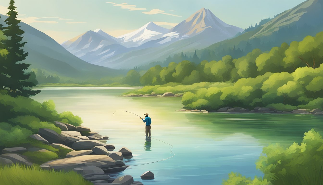 A serene river with a mountainous backdrop. A lone figure casting a fly fishing line into the water, surrounded by lush greenery