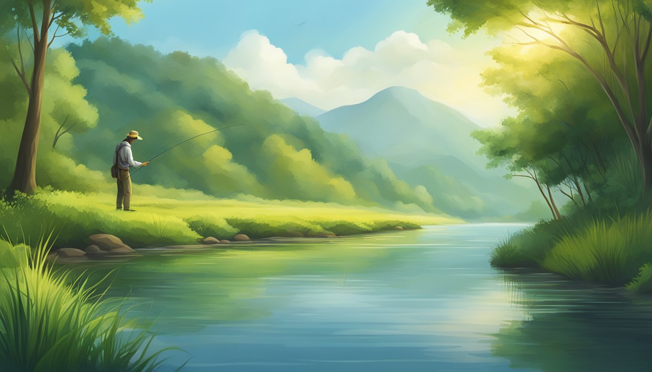 A serene riverbank with a lone fisherman casting a graceful line into the water, surrounded by lush greenery and the sound of flowing water