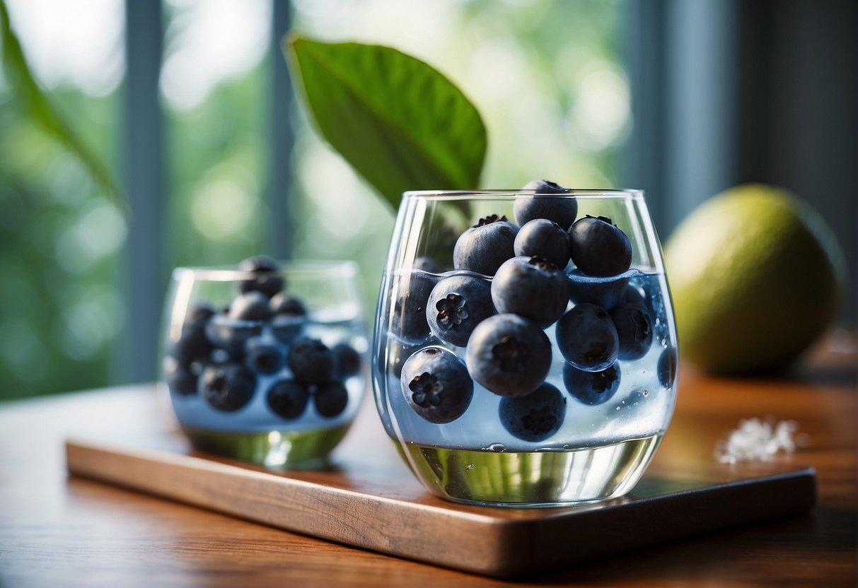 Blueberries and coconut water combine in a glass, with the fruit floating in the liquid