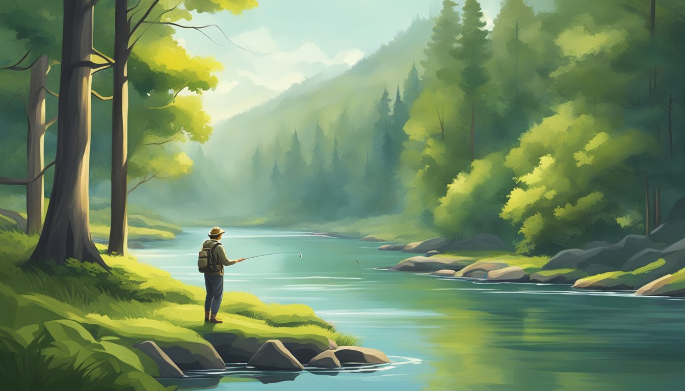 A serene river flows through a lush forest, with a fly fisherman casting a line into the clear water, surrounded by the peaceful sounds of nature