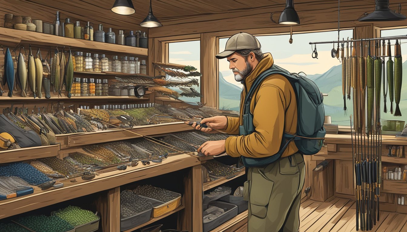 A fly fisherman carefully chooses gear from a well-stocked tackle shop, examining rods, reels, and flies with a focused intensity